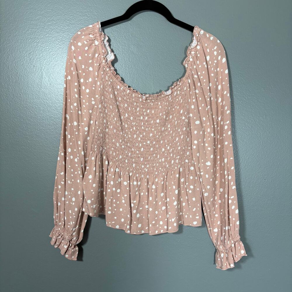 Urban Romantics Women's Pink Polka Dot Boho Peasant Top - Size Large - Smocked